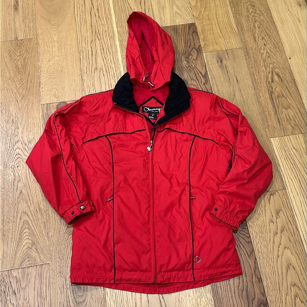 VTG Obermeyer Winter Coat Hidden Hood Jacket Cherry Red Black Womens 8 Petunia